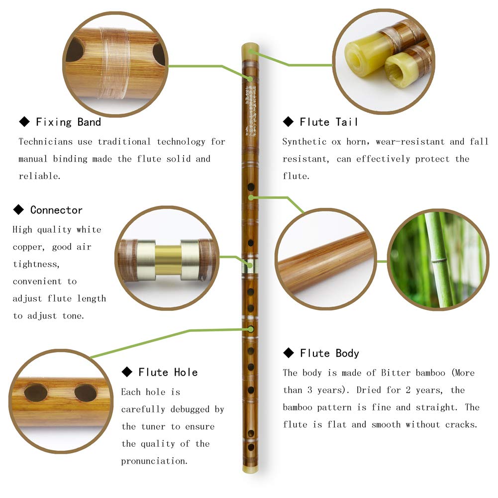 C Key Dizi Bitter Bamboo Flute for Beginners with Free Membrane & Glue & Protector Set Traditional Chinese Instrument(Key of C/B